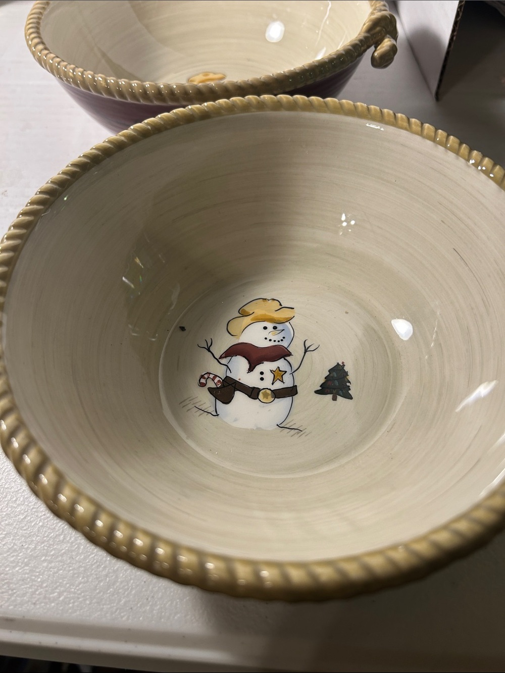 St. Nicholas Square Rope-Trimmed Ceramic Bowls in Cream and Red-Brown set of 5